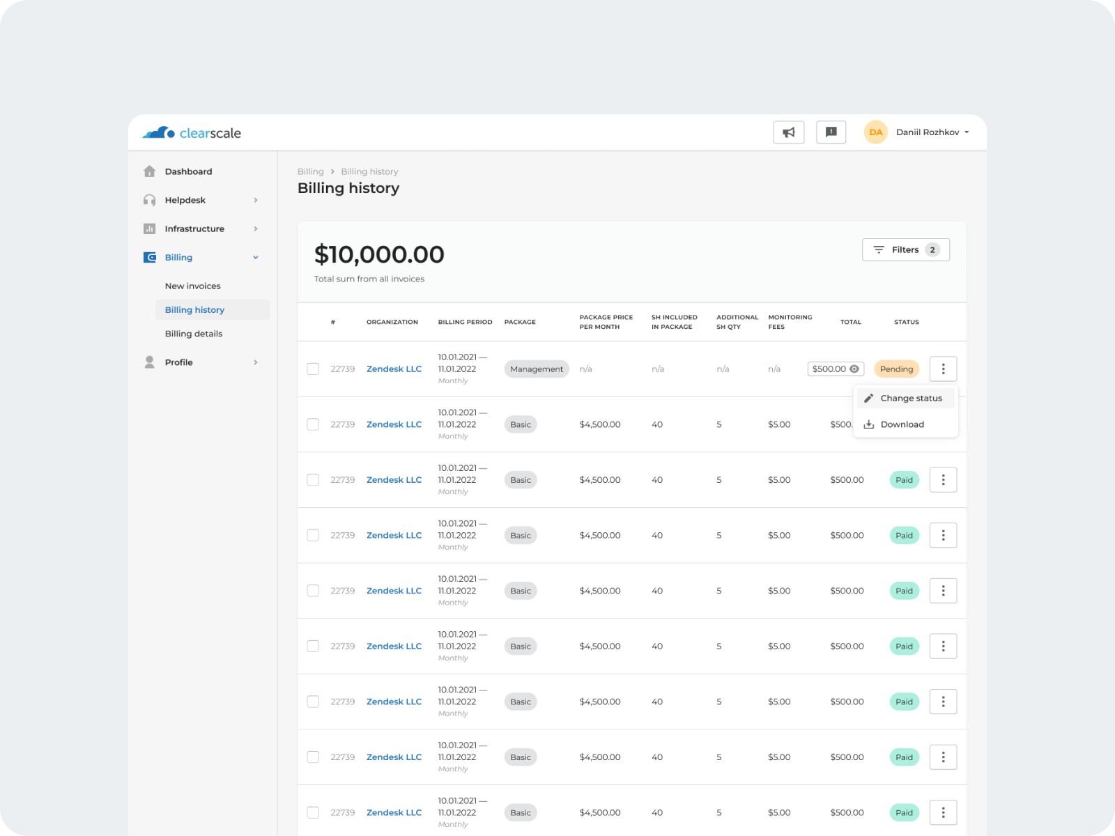 ClearScale billing history section