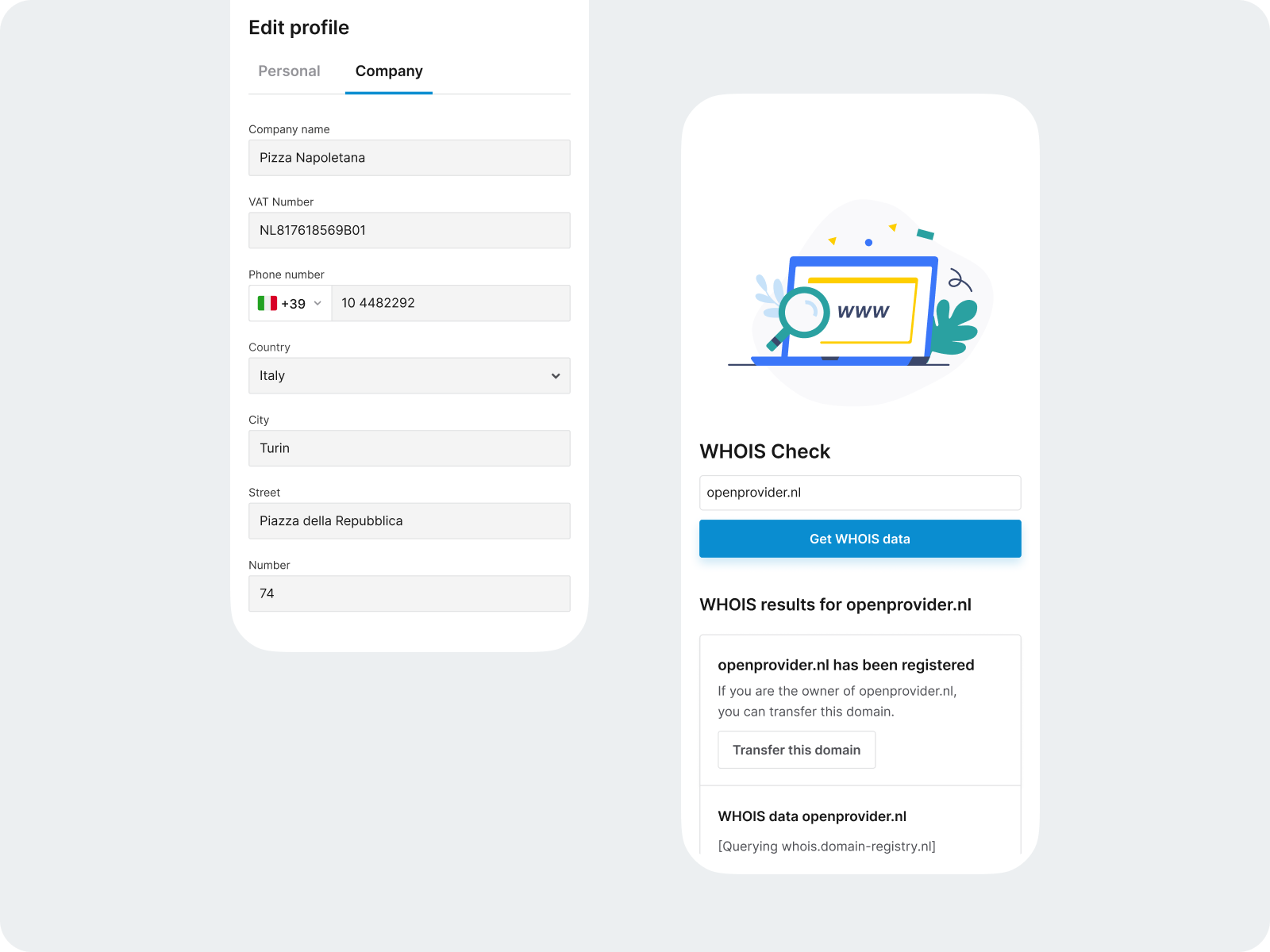 Openprovider mobile screens